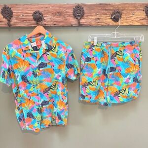 Free Planet Tropical Toucan Leaf Print Short Sleeve Shirt & Shorts Men Set Sz M